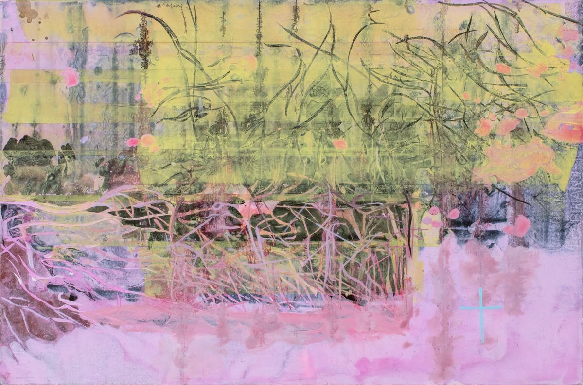 Abstract painting in pink, yellow and green