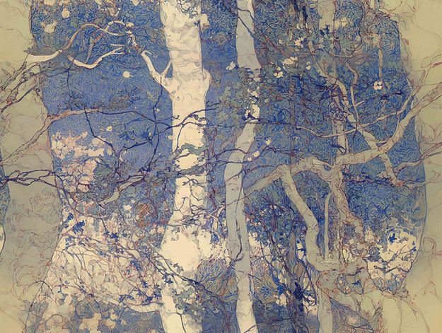 Abstract painted trees in blue and cream tones